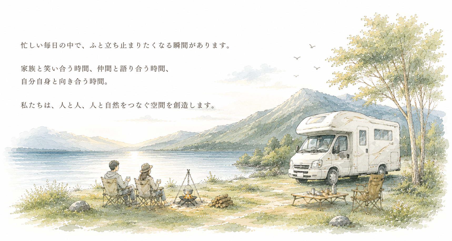 忙しい毎日の中で、ふと立ち止まりたくなる瞬間があります。 家族と笑い合う時間、仲間と語り合う時間、自分自身と向き合う時間。 私たちは、人と人、人と自然をつなぐ空間を創造します。